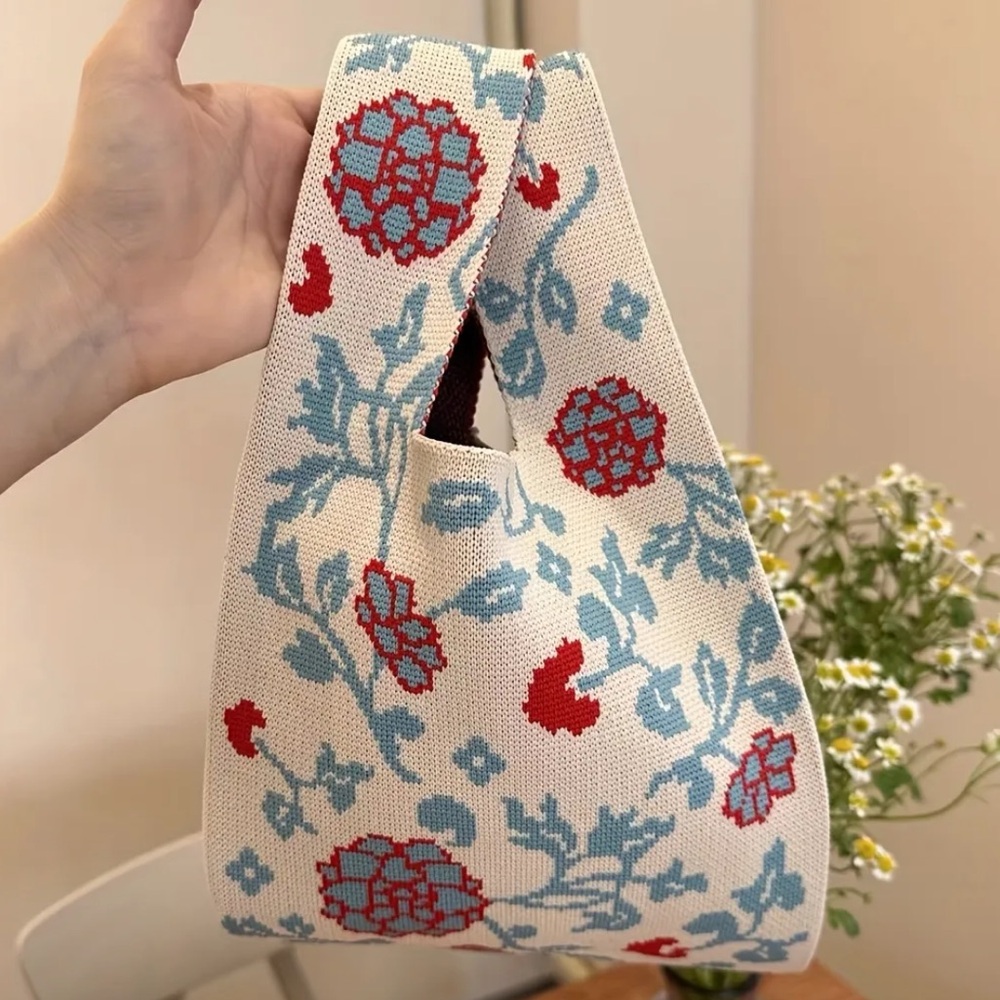 Heavy Woven Knit Floral Pattern Tote Purse Bag Japanese Knot  Closure Style